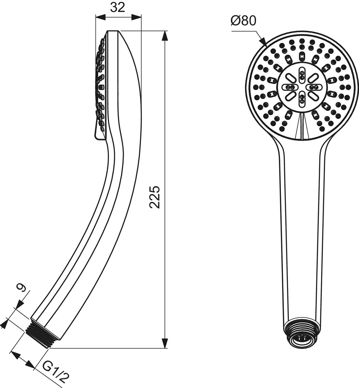 Ръчен душ Ø80 mm - Idealrain Soft B9401 - чертеж с размери