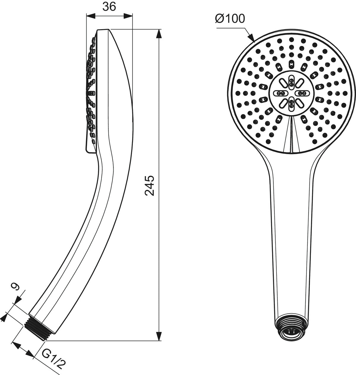 Ръчен душ Ø100 mm - Idealrain Soft B9403 - чертеж с размери