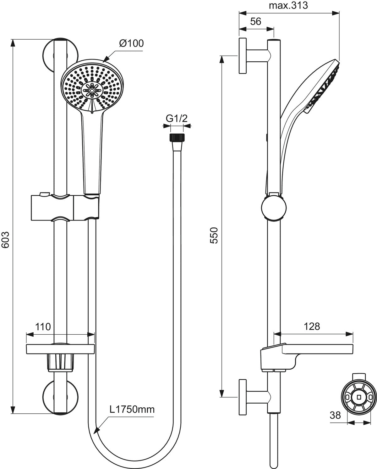 Душ комплект Ръчен душ Ø100 mm - Idearain B9415 — чертеж с размери