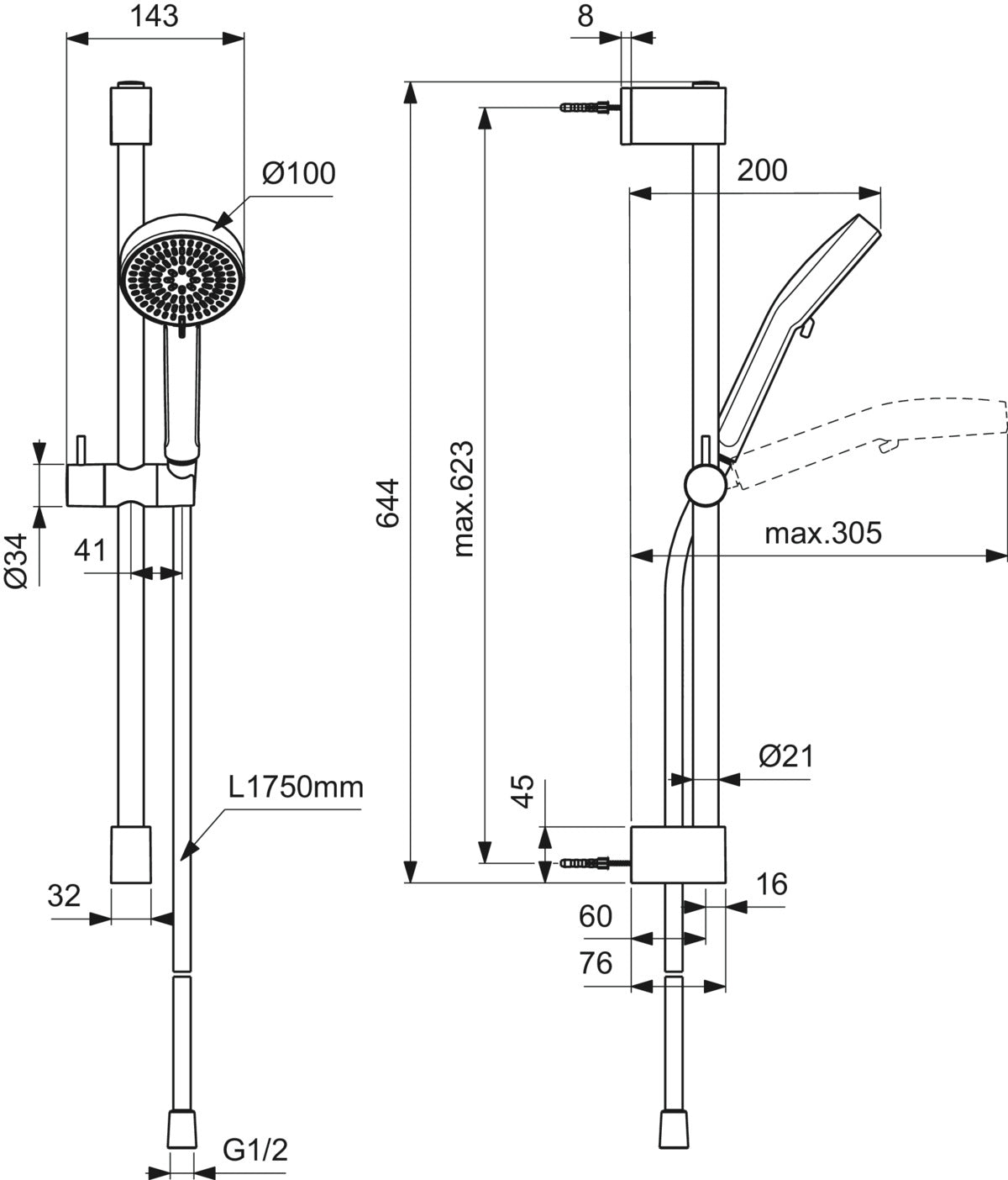 Душ комплект Ръчен душ, Ø100 mm - Idealrain BE413 - чертеж с размери