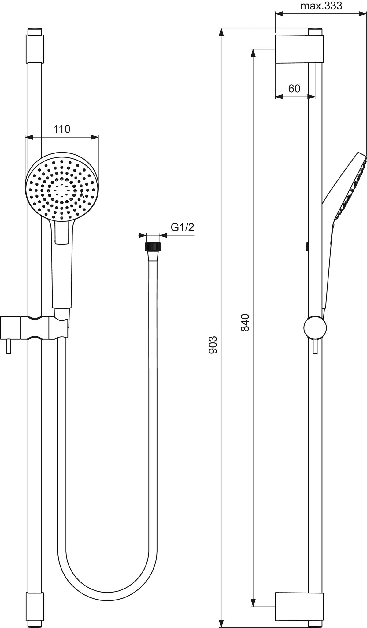 Idealrain Evo Round ръчен душ 110 mm и тръбно окачване 900 mm - Тръбни окачвания - чертеж с размери