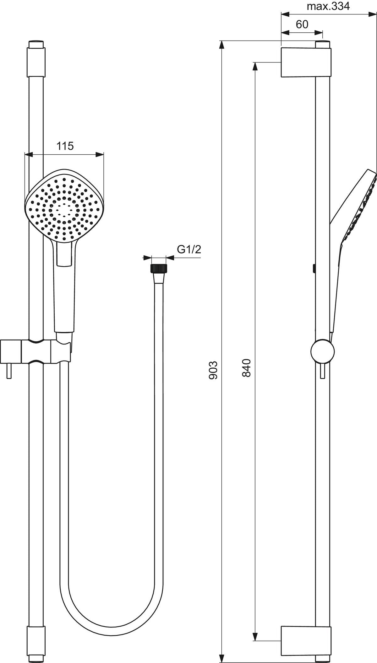 Idealrain Evo Diamond ръчен душ 115 mm и тръбно окачване 900 mm - Тръбни окачвания - чертеж с размери