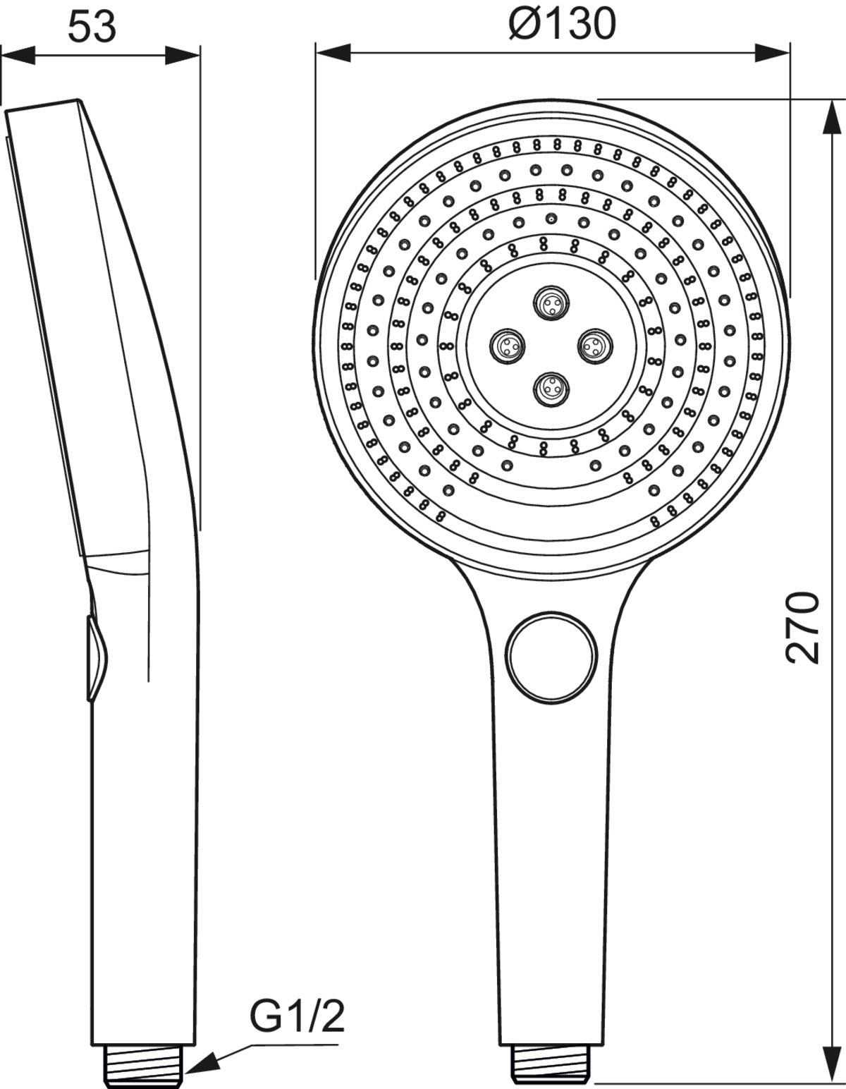 Ръчен душ Ø130 mm - Idealrain Solos A7896 — чертеж с размери