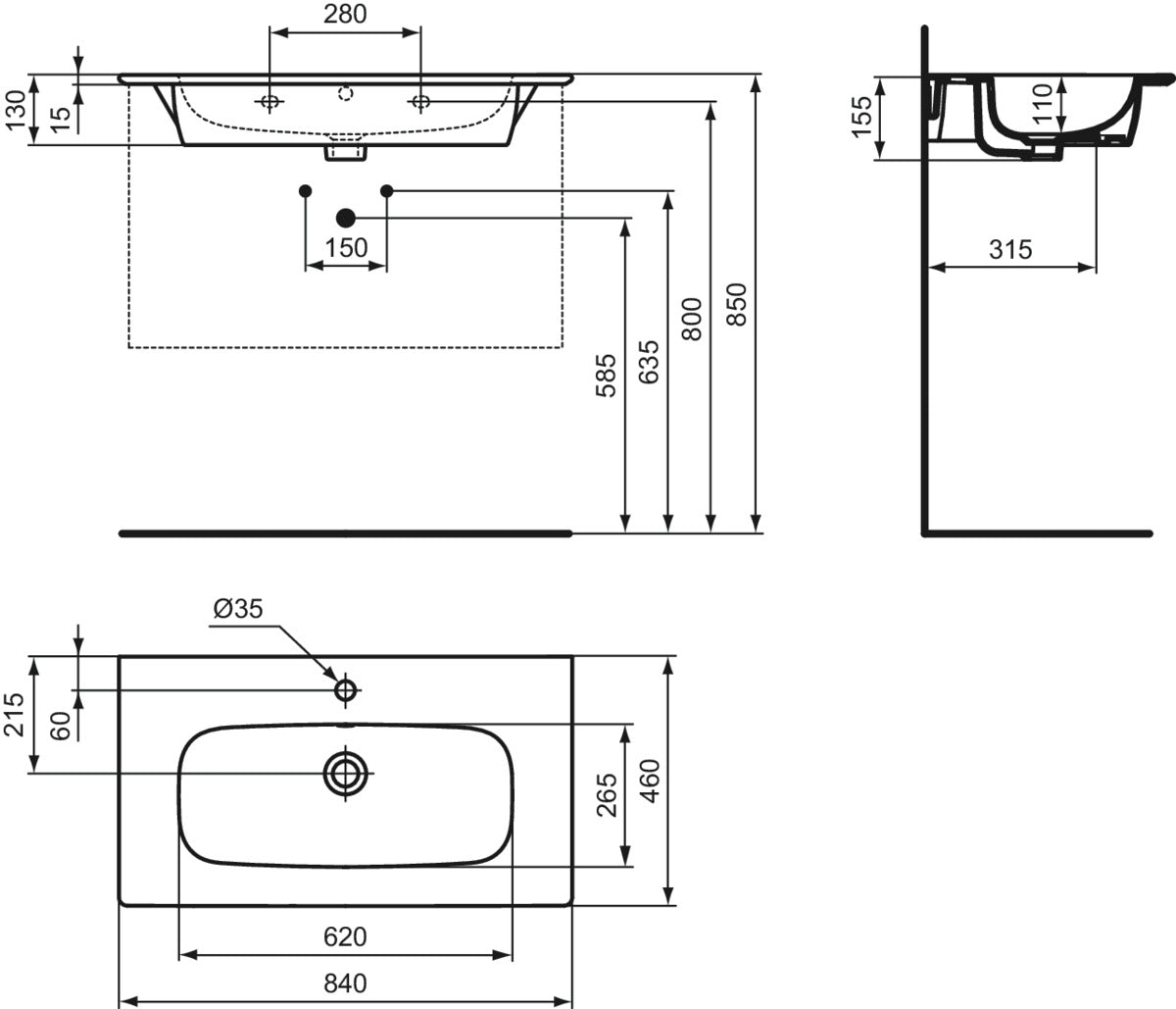 Мивка за мебел с отвор за смесител и преливник - Ideal Standard i.Life A T4620 - чертеж с размери