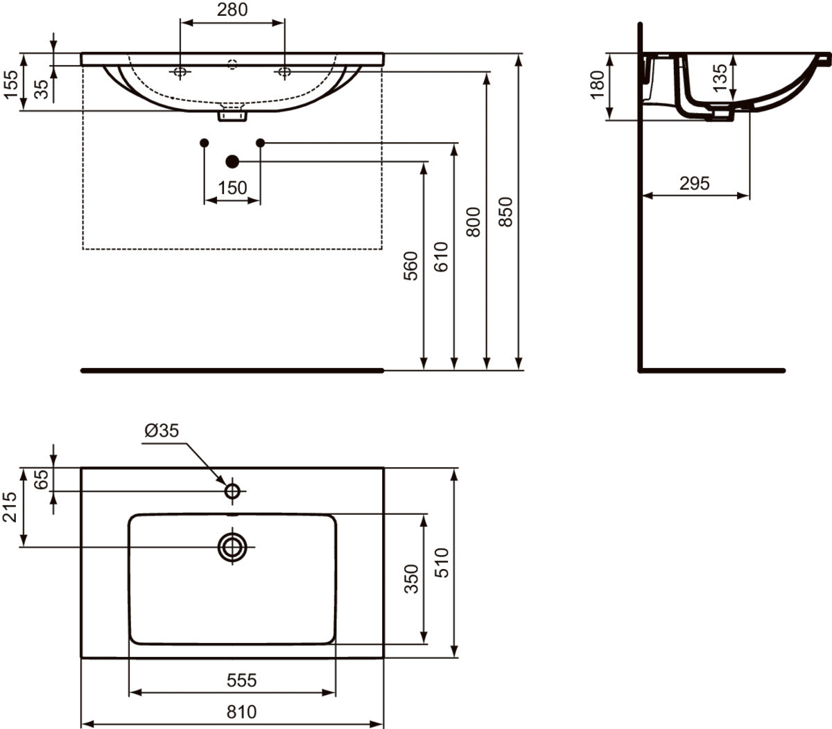 Мивка Ideal Standard i.life B 80 cm - чертеж с размери