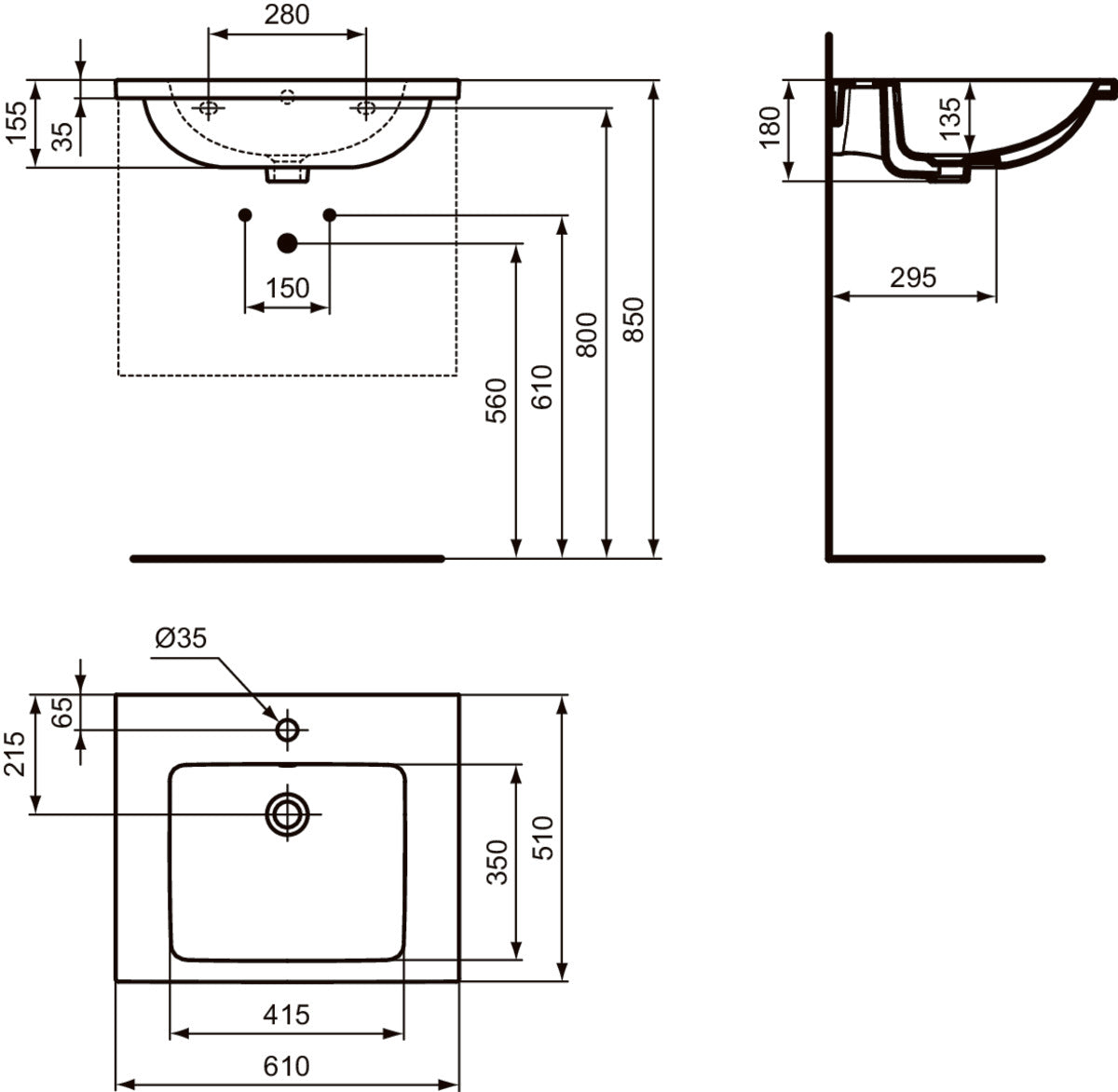 Мивка Ideal Standard i.life B 60 cm - чертеж с размери