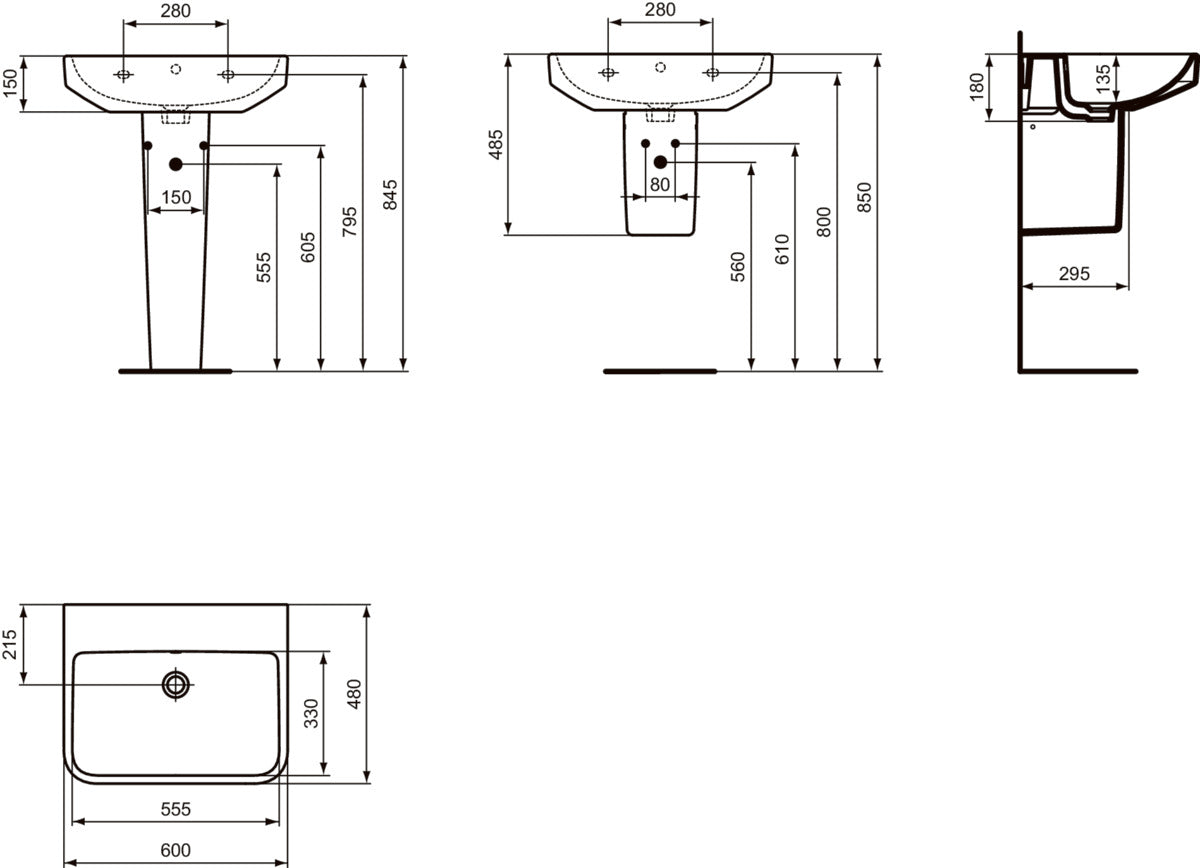 Мивка Ideal Standard i.life B 60 cm, без отвор за смесител и с преливник - чертеж с размери