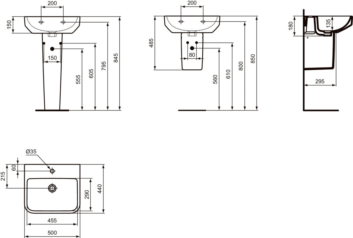 Мивка Ideal Standard i.life B 50 cm, с отвор за смесител и без преливник - чертеж с размери