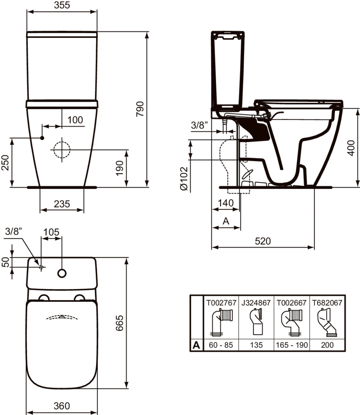 WC комплект - Ideal Standard i.life B Rimless+ с бидетна функция - чертеж с размери