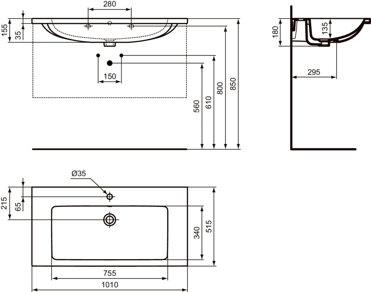 Мивка Ideal Standard i.life B 100 cm - чертеж с размери