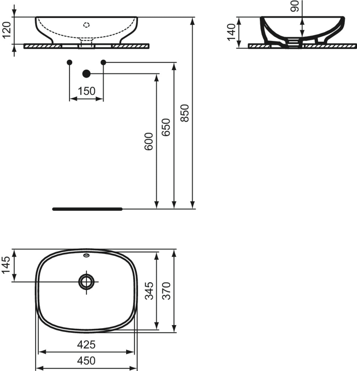 Мивка - Ideal Standard i.life B 45 см - чертеж с размери