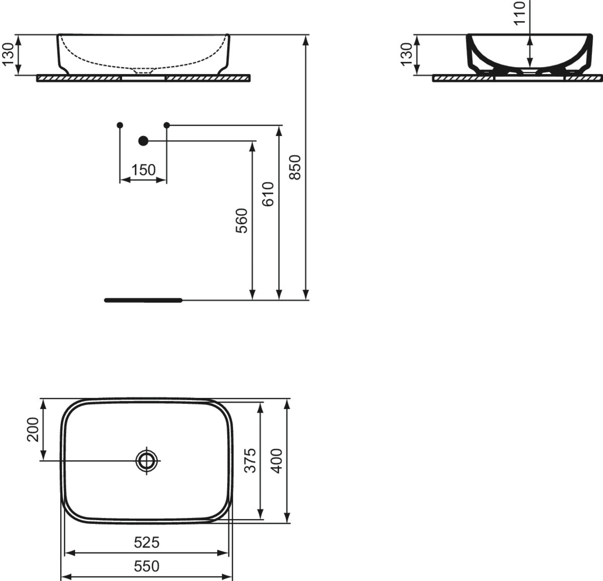 Мивка - Ideal Standard i.life O T5728 - чертеж с размери