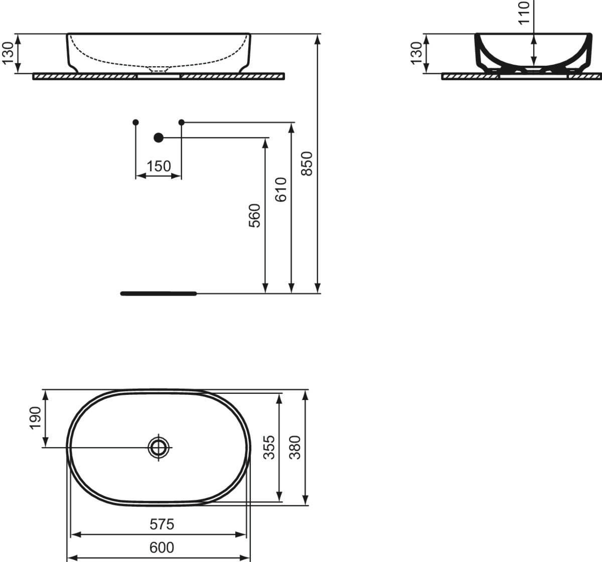 Мивка - Ideal Standard i.life O T5731 - чертеж с размери