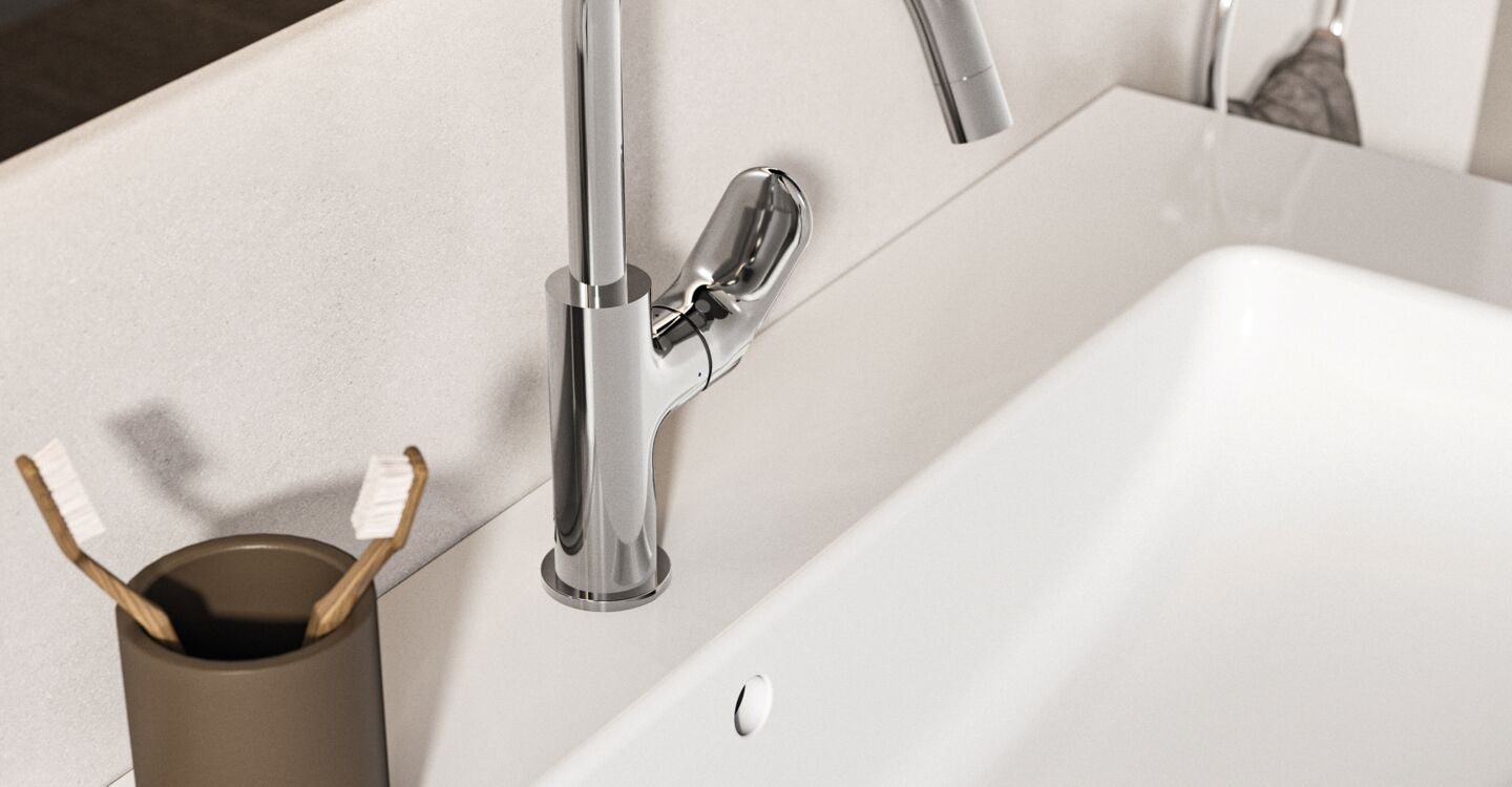 Ceralife O — Смесител за умивалник с висок тръбен чучур H215 с Click изпразнител, 3,8 l/min