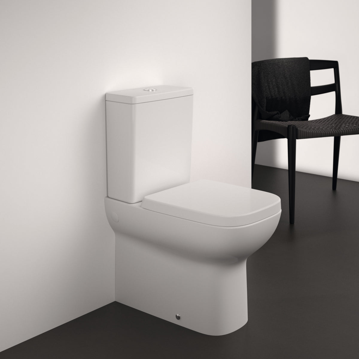 Стояща тоалетна чиния RimLS+ за WC комплект, с плътно прилепване към стената - i.life A - комплект с казанче и седалка