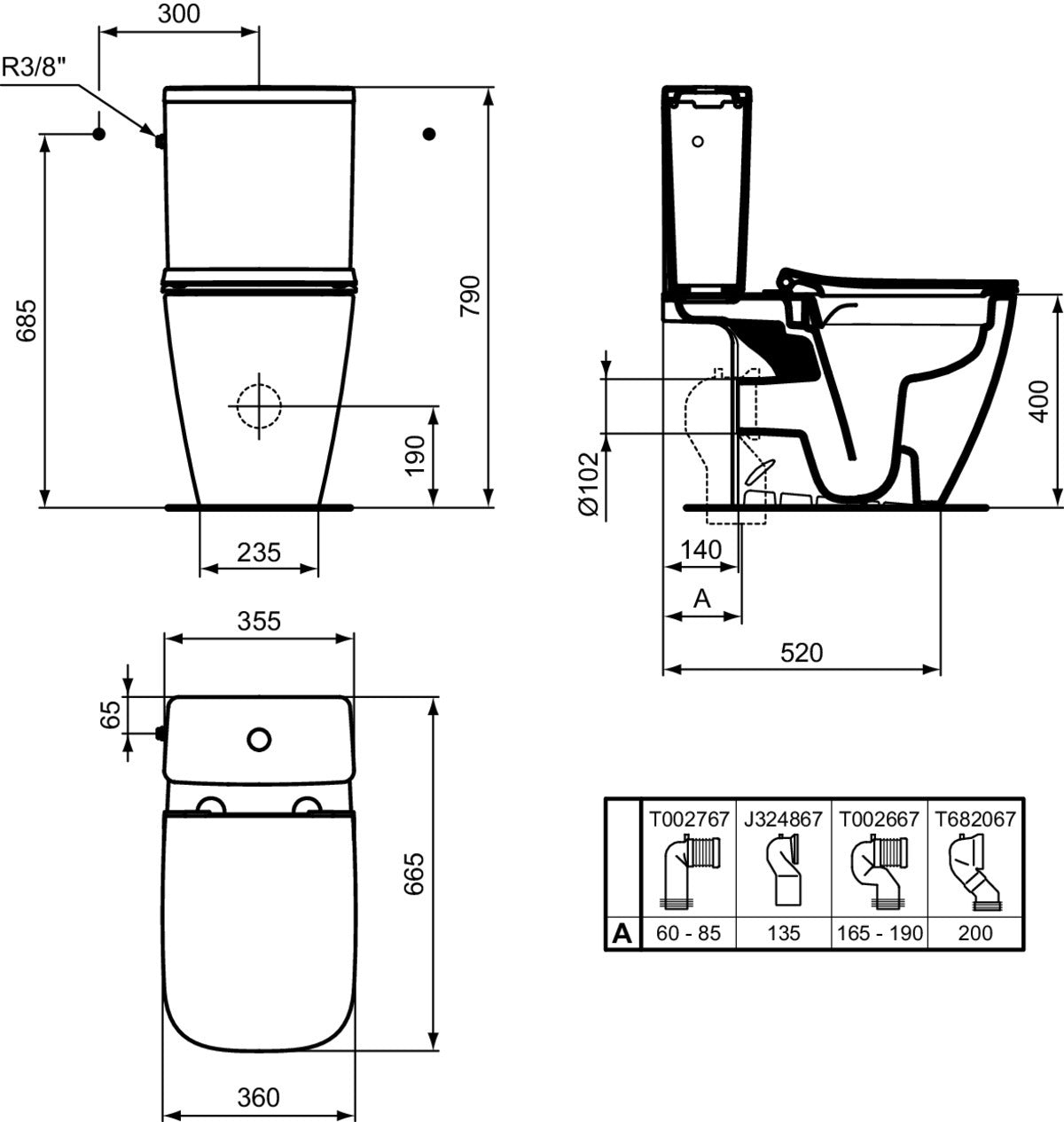 WC комплект - Ideal Standard i.life B Rimless+ T5348 - чертеж с размери