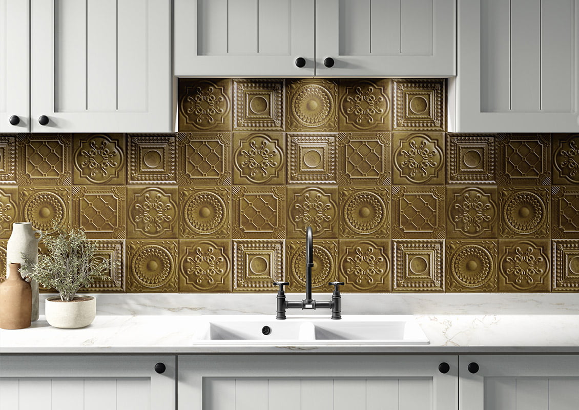 Metal Tiles - relief gold kitchen backsplash