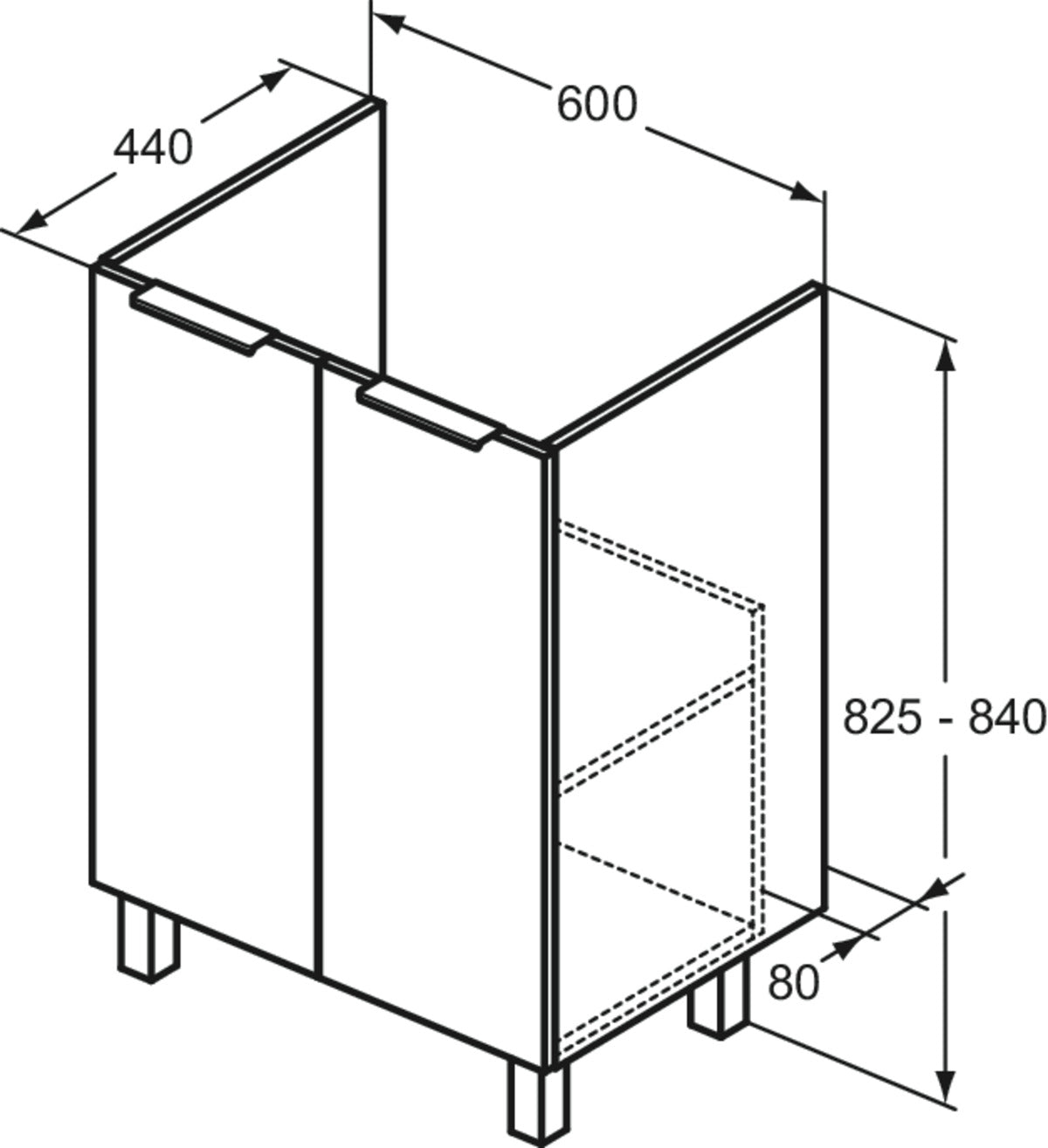 Стоящ шкаф за мивка с 2 врати, система с плавно затваряне - Eurovit+ R0258-60cm - чертеж с размери