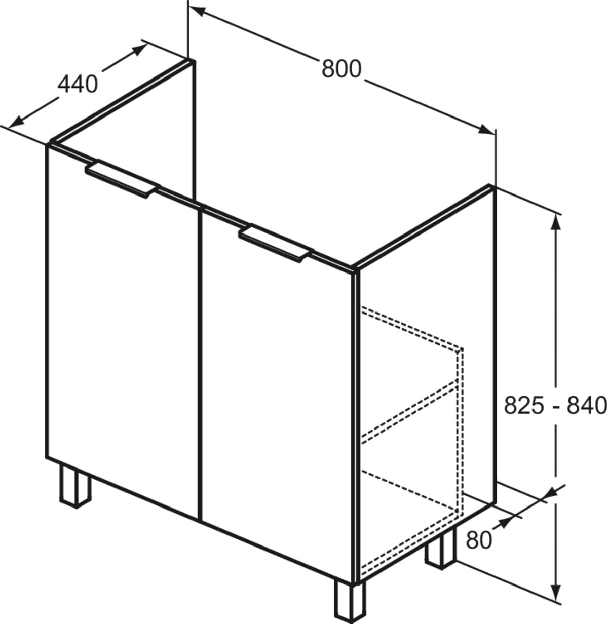 Стоящ шкаф за мивка с 2 врати, система с плавно затваряне - Eurovit+ R0262-80cm - чертеж с размери