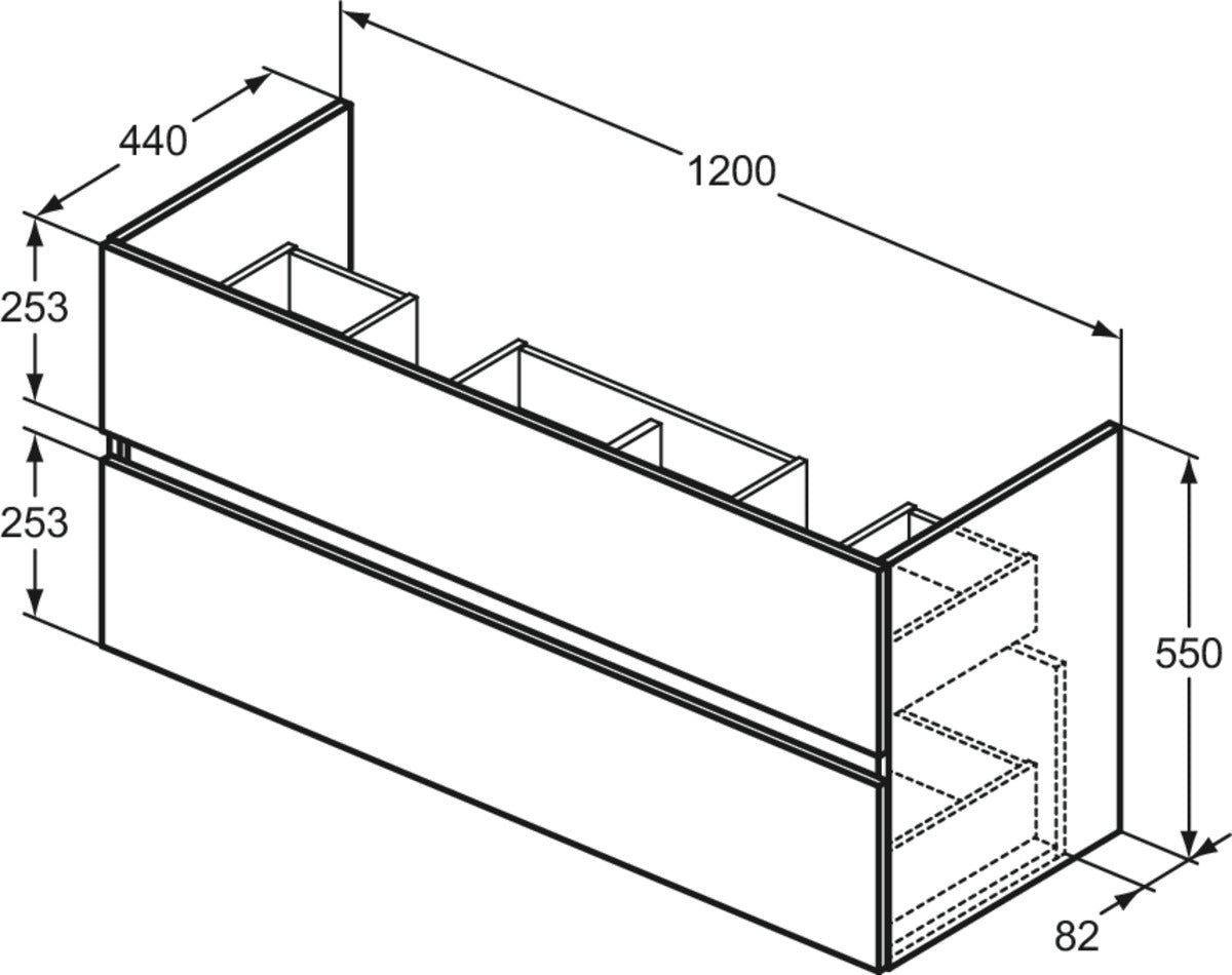 Шкаф за мивка 120 cm за стенен монтаж, 2 чекмеджета - Eurovit - чертеж с размери