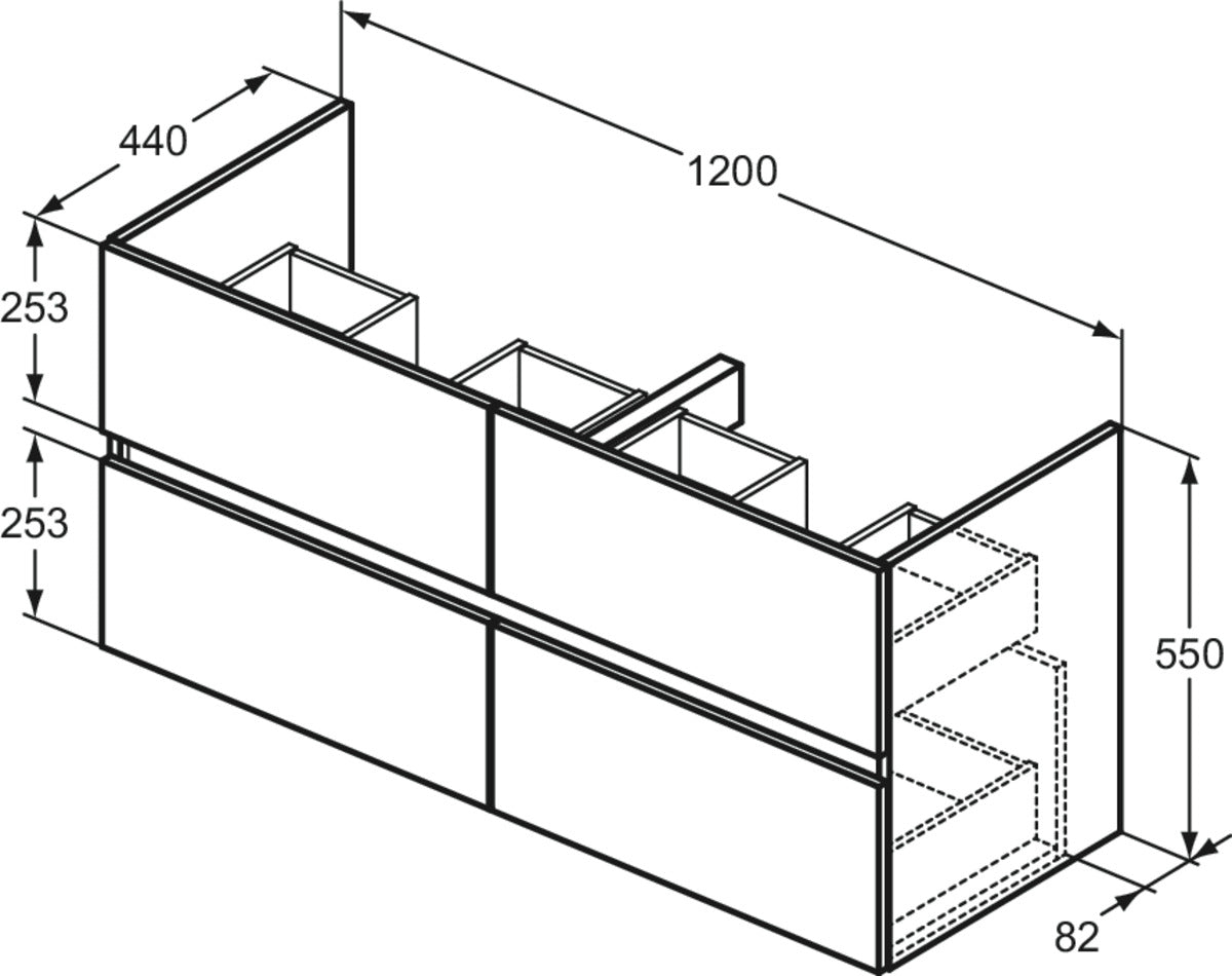 Шкаф за мивка 120 cm за стенен монтаж, 4 чекмеджета - Eurovit - чертеж с размери