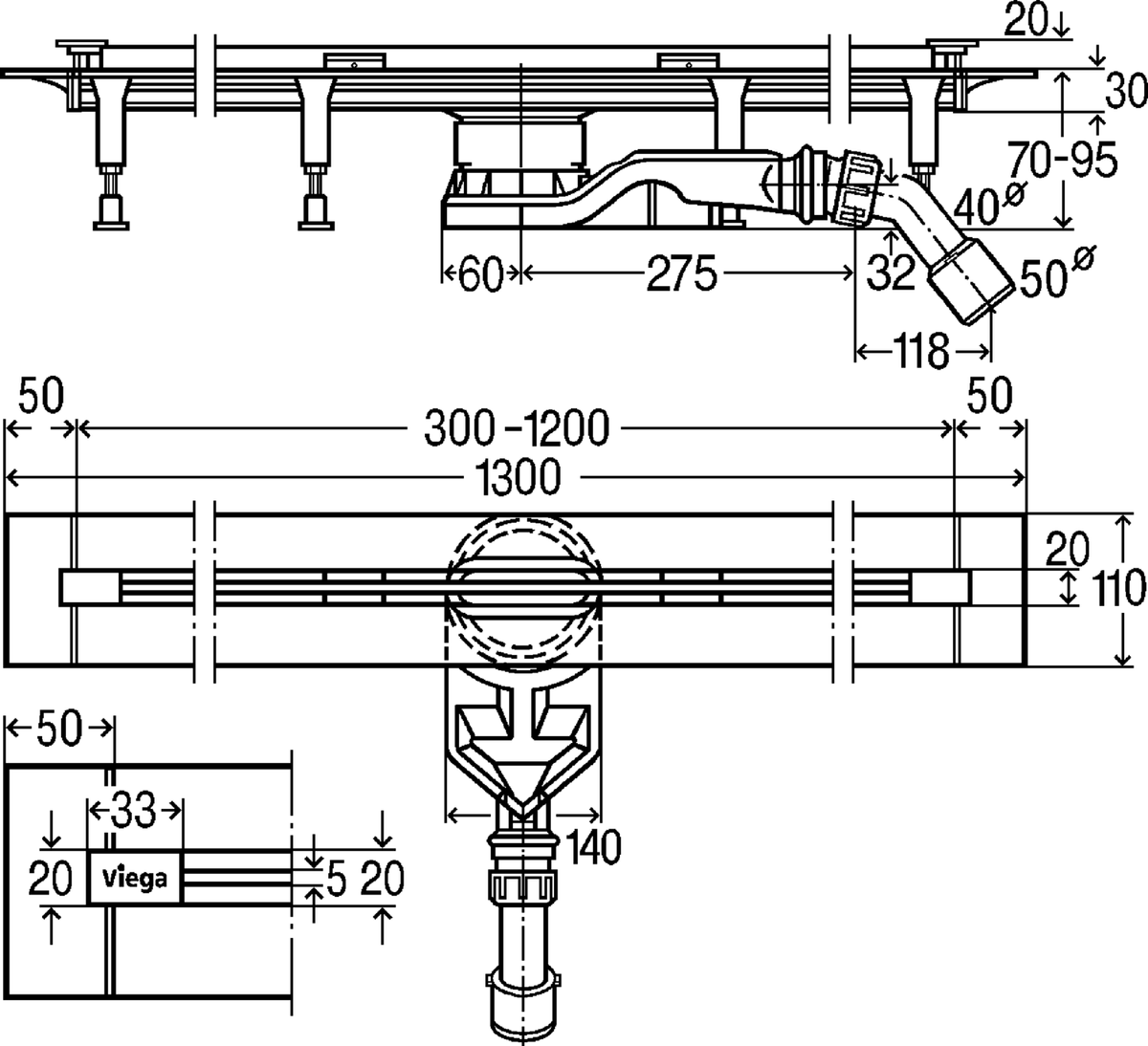 Плитък линеен сифон 1200 mm с решетка хром - Advantix Vario - чертеж с размери